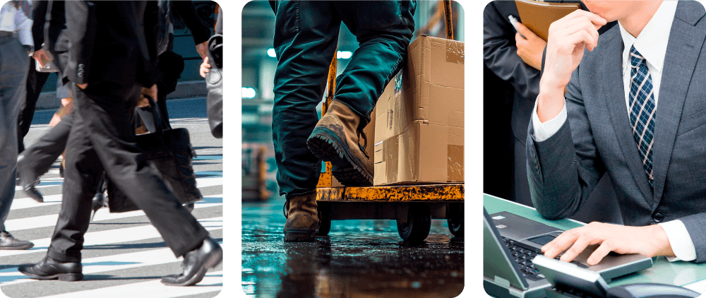 Three-panel collage: professionals walking across a crosswalk, a warehouse worker pushing a pallet jack with boxes, and a businessperson using a calculator at a laptop.
